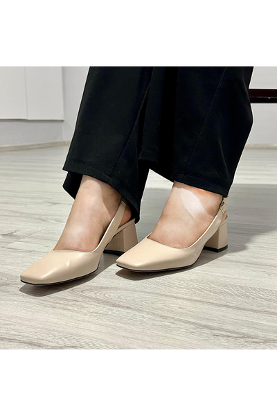 jokanda 5 Cm Kare Burun Şık Zarif Günlük Bej Topuklu Kadın Ayakkabı(slingback)