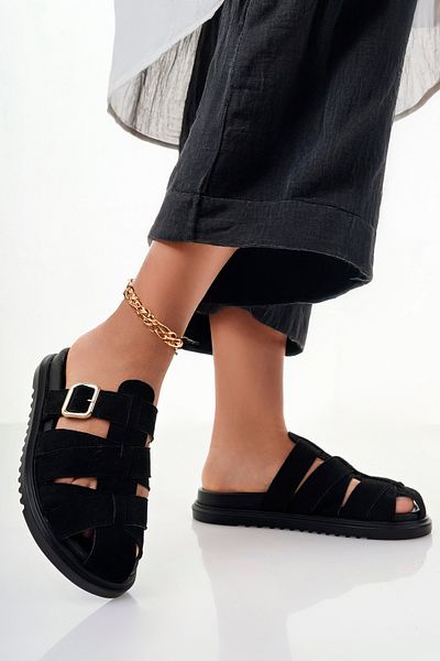 meyra'nın ayakkabıları Women's Black Imported Buckle Detailed Slippers