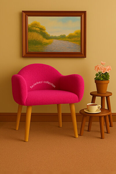 BEYLERBEYİ Makyaj masası pufu, fuşya renkli peluş kumaş,dekoratif puf , sırtlı puf, mini koltuk, berjer