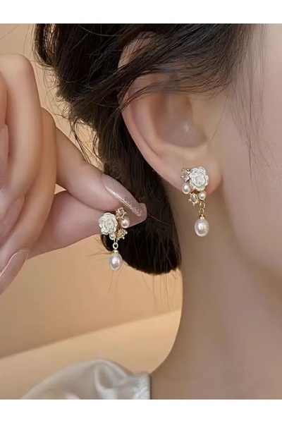 Alyas Aksesuar KC Altın Kaplama Çiçekli İnci Küpe