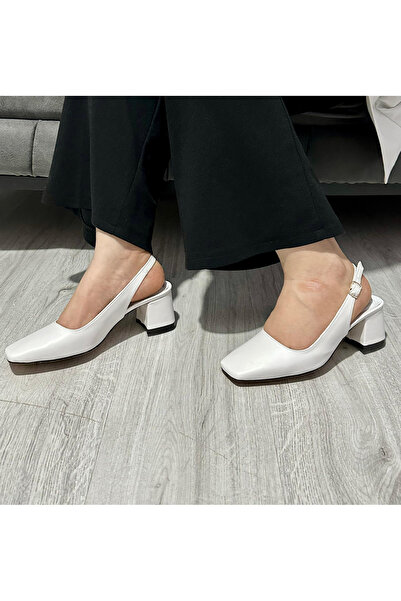 jokanda 5 Cm Kare Burun Şık Zarif Günlük Beyaz Topuklu Kadın Ayakkabı(slingback)