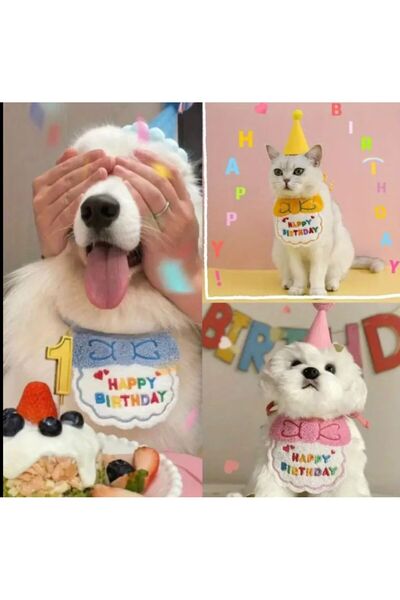 Payidar Hediyelik KEDİ/KÖPEK DOĞUM GÜNÜ PARTİ KIYAFETİ/AKSESUARI (Şapka ve Önlük) Evcil Hayvan Doğum Günü Sürprizi