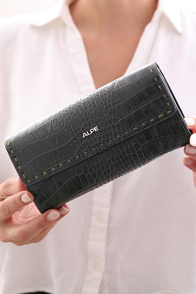 Craftique Genuine Leather Dark Green Luxury Crocodile Patterned Women's Handbag Portfolio Wallet Quality Elegant Stylish Design