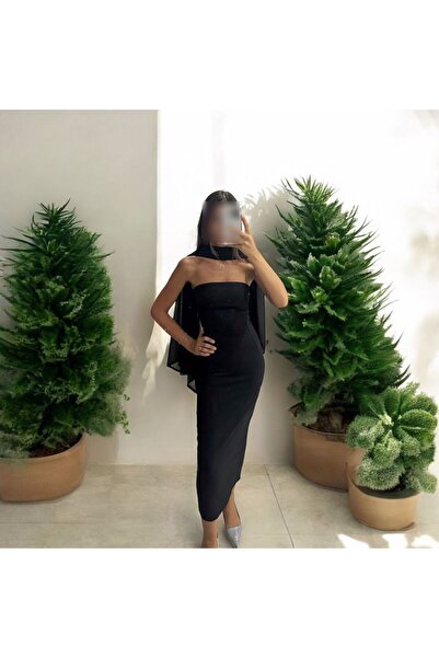 Shop Krutzo Kadın Siyah Straplez Şifon Şal Detaylı Midi Abiye