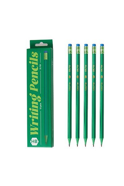 OEM Set of 12 Black HB Pencils, for School, with Eraser, Green-Blue Pattern, 19 cm