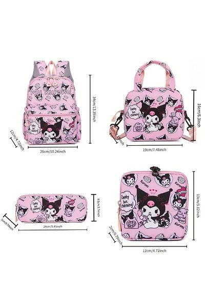 The Cloudish Shop Girl's Elementary School Bag Lunch Box Pen Holder Wallet Set of 4 - Kuromi Pattern