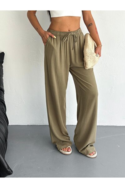 THE RULE Women's Khaki Baggy Comfortable Fit Elastic Waist Loose Cut Basic Linen Trousers Wrf0001