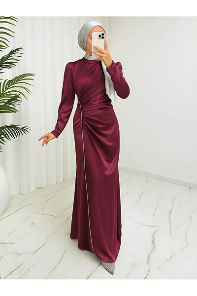 Modamorfo Satin Evening Dress with Stone Stripe and Draped Waist - Burgundy