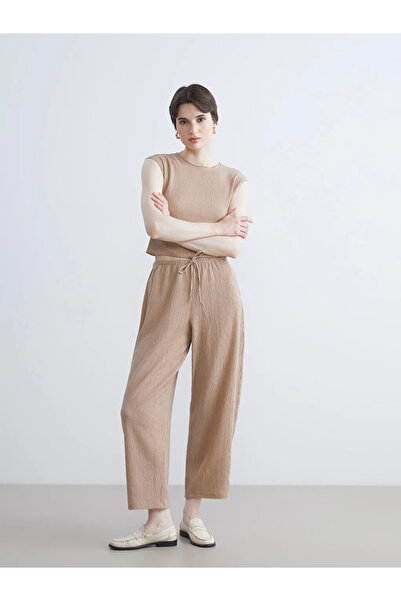 LC Waikiki Lcw Vision Beige Women's Elastic Waist Textured Trousers