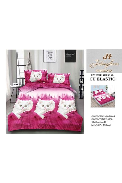FIONNA.RO 3D Satin Cotton Bed Linen With Elastic - Pink Kitty