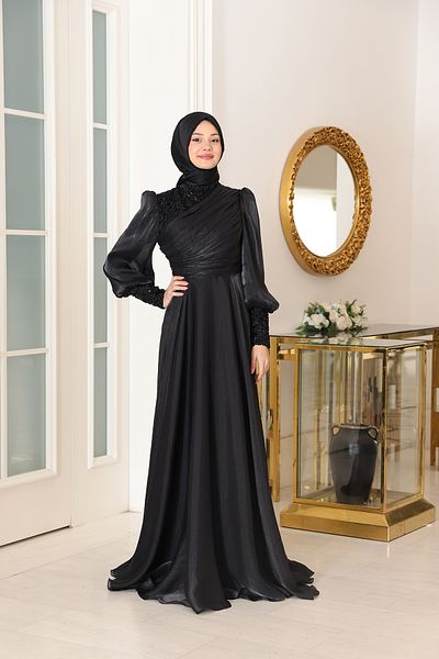 Modarafta Hijab Evening Dress Bead Applique Detailed Rain Dress