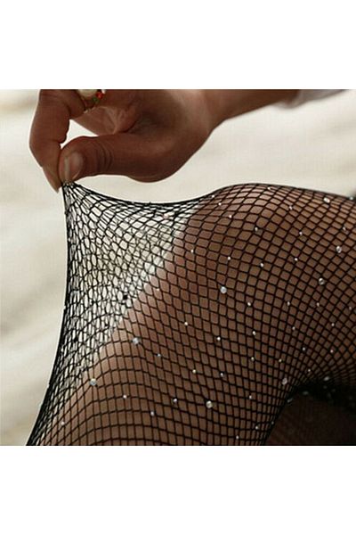 SinnersStore Sexy fishnet pantyhose with rhinestones, black, one size