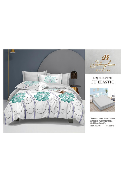 FIONNA.RO Satin Cotton Bed Linen With Elastic - Turquoise Flowers