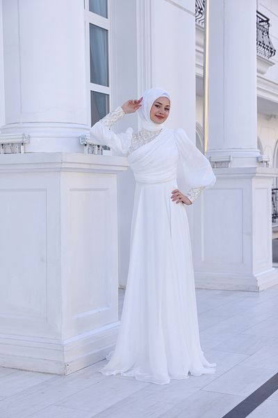 Modarafta Hijab Evening Dress Bead Applique Detailed Rain Dress