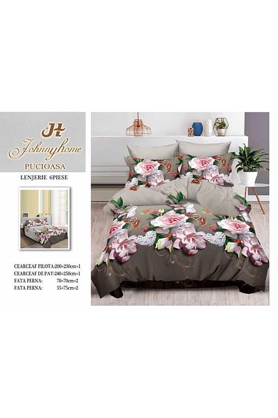 FIONNA.RO 3D Satin Cotton Bed Linen 6 Pieces - Roses Butterflies And Hearts