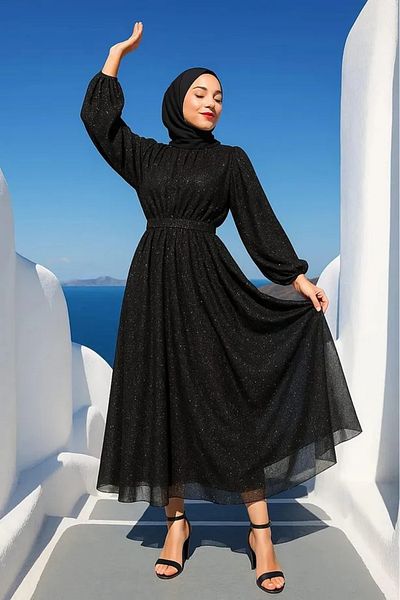 Sura Fashion Glitter Black Hijab Evening Dress with Belted Waist Glitter Evening Dress