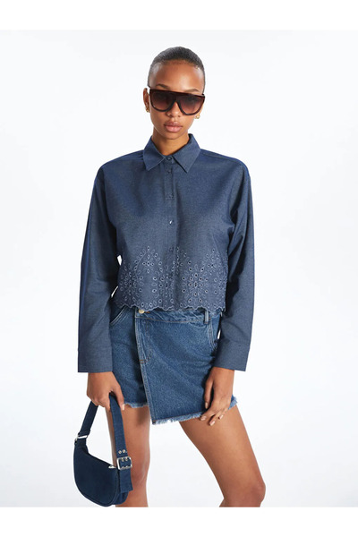 LC Waikiki LCW Vision Navy Дамска риза с бродерия и собствен десен