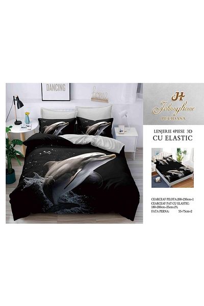 FIONNA.RO 3D Satin Cotton Bed Linen With Elastic - Black With Dolphin