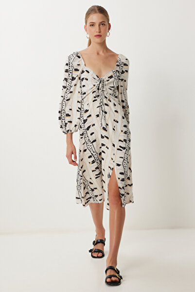 Lovelyİstanbul Φόρεμα Midi Viscose με σχέδιο LDP0078 ΚΡΕΜ ΜΑΥΡΟ