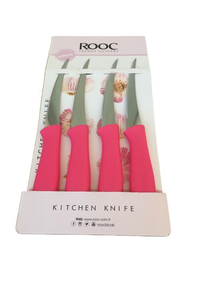 Rooc 4'lü Lazer Kesim Tırtıklı Meyve Sebze Bıçak Seti & Koyu Pembe