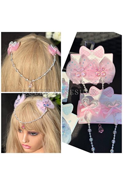 QUEEN AKSESUAR Peri kızı bindallı otantik sarkıt taşlı boncuklu zincirli taç alın tacı pensli fiyonk tokalı pembe