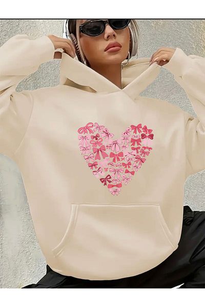 herkesemoda Heart Bow Printed Hooded Sweatshirt with Fleece Inside