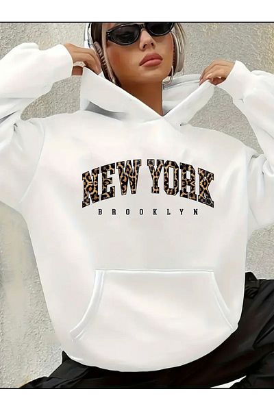 herkesemoda New York Summer Detail Printed Fleece Hooded Sweatshirt