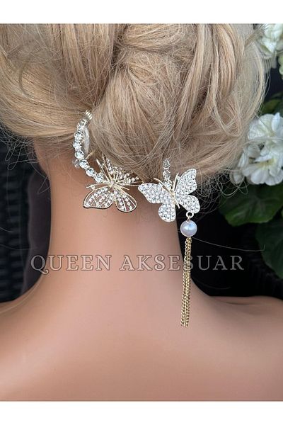 QUEEN AKSESUAR Elegant Pearl Dangle Pendant Chain with Stone Butterfly Scalloped Ring Ponytail Metal Bun Buckle