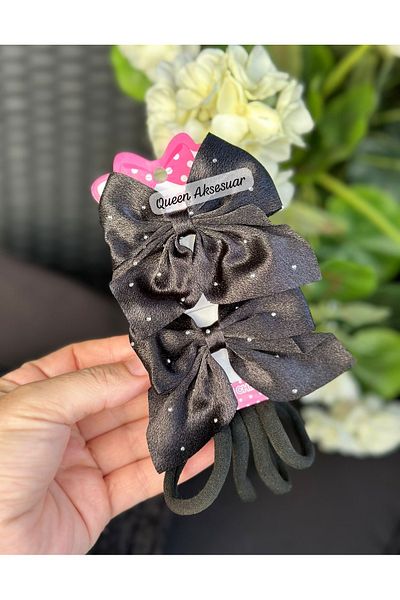 QUEEN AKSESUAR Luxury Stoned Satin Clip 2-Piece Bow Buckle 4-Piece Rubber Towel Buckle Set Black