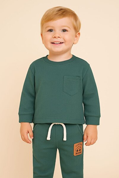 dinamik çocuk طقم بيبي بوي قماش وافل سادة مكون من قطعتين قميص سفلي وربيعي بأك...