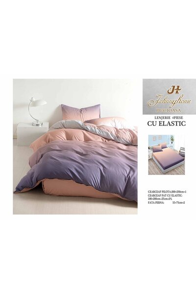 FIONNA.RO Satin Cotton Bed Linen With Elastic - Bicolor Purple/Peach Pink