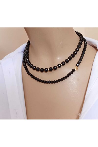 shop قلادة من العقيق الأسود الذهبي وخرز الكريستال بصفين على شكل قلب