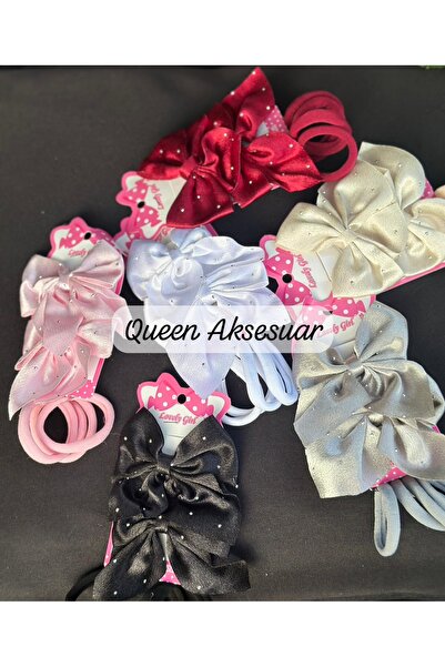 QUEEN AKSESUAR Luxury Stoned Satin Clip 2-Piece Bow Buckle 4-Piece Rubber Towel Buckle Set Pink