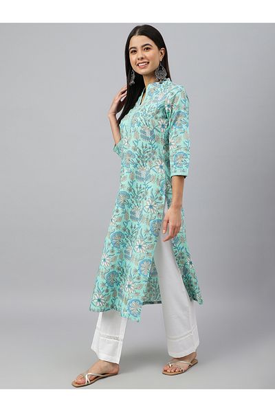 IndHeritage Premium cotton casual kurti - Turquoise kurti / kurta for women with floral prints