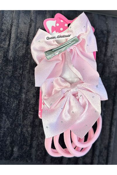 QUEEN AKSESUAR Luxury Stoned Satin Clip 2-Piece Bow Buckle 4-Piece Rubber Towel Buckle Set Pink