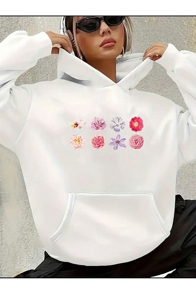herkesemoda Flowers Printed Hooded Sweatshirt with Fleece Inside