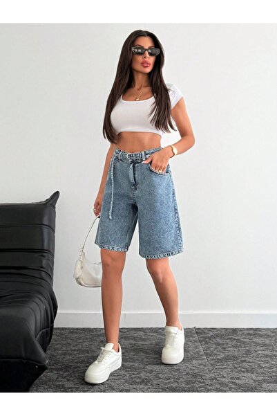 EmWay'S DENİM KADIN YÜKSEK BEL AYARLANABİLİR KEMER DETAYLI BERMUDA KOT ŞORT