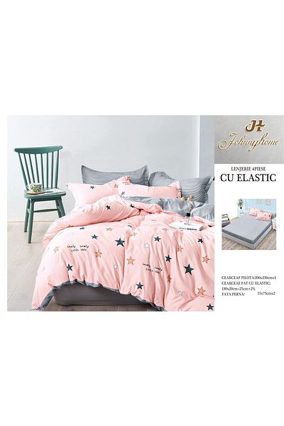 FIONNA.RO Satin Cotton Bed Linen With Elastic - Pink With Stars