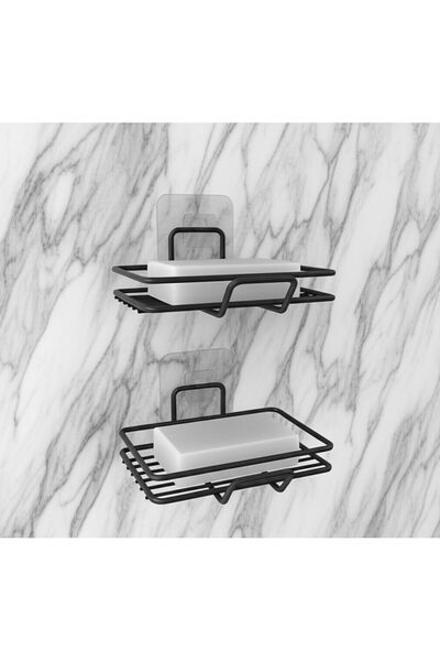Yapışkanlı 2 li Set Sabunluk Banyo Mutfak Lavabo Metal Katı Sabunluk Siyah