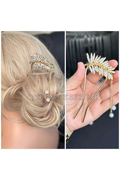 QUEEN AKSESUAR Helen kristal taşlı yaprak motifli inci zincirli sallantılı to...