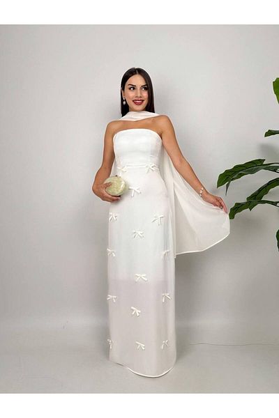 Zoe Zoe Women's Scarf Detailed Strapless Long Slit Lined Dress Skirt with Ribbon Detail on Top