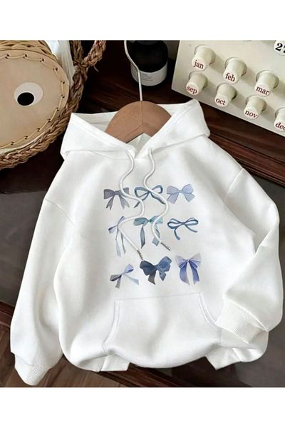 herkesemoda Ribbon Printed Hooded Sweatshirt with Fleece Inside