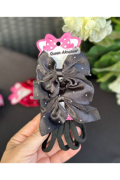 QUEEN AKSESUAR Luxury Stoned Satin Clip 2-Piece Bow Buckle 4-Piece Rubber Towel Buckle Set Black