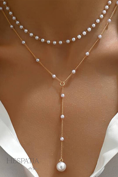 hespatia Kadın İnci Kolye Zarif Altın Renk Zincirli İnci Detaylı İkili Kolye ...