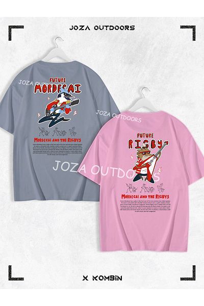 Jobia Outdoors Mordecai Rigby Back Back Printed Lover - Friend Couple Combination Oversize Colorful Tshirt Set of 2