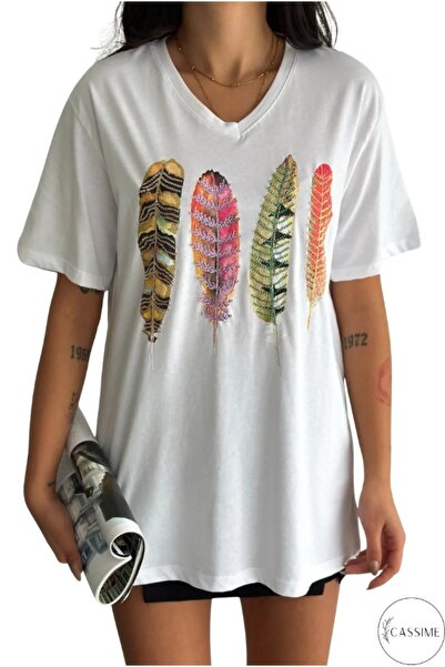 Cassime Women's White V-Neck Plus Size Colorful 4 Feather Pattern Sequins Sequins Embroidered 100% Cotton Bi-Shirt