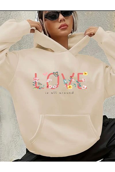 herkesemoda Love Text Detail Printed Fleece Hooded Sweatshirt