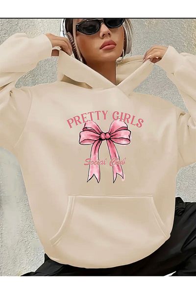 herkesemoda Pertty Girls Text Detail Printed Fleece Hooded Sweatshirt