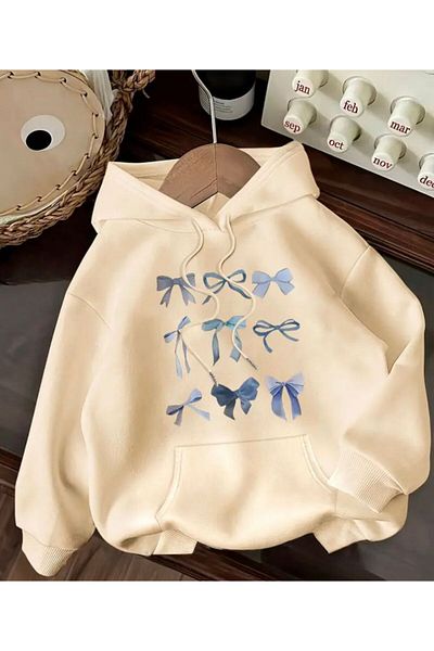 herkesemoda Ribbon Printed Hooded Sweatshirt with Fleece Inside
