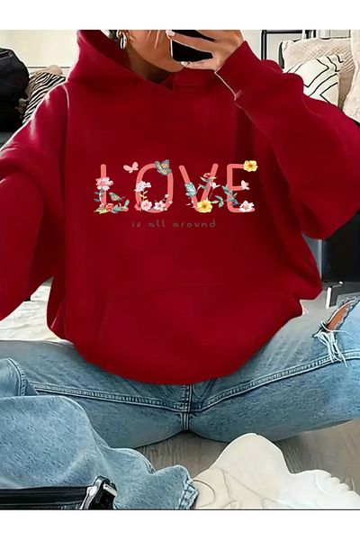 herkesemoda Love Text Detail Printed Fleece Hooded Sweatshirt